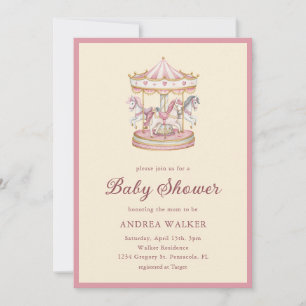 Pastel Pink Cute Carousel Girl Baby Shower Invitation