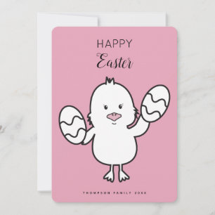 Pastel Pink Cute Easter Chick & Eggs Illustration Holiday Card