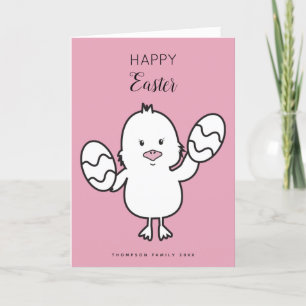 Pastel Pink Cute Easter Chick & Eggs Illustration Holiday Card