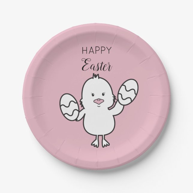 Pastel Pink Cute Easter Chick & Eggs Illustration  Paper Plate (Front)