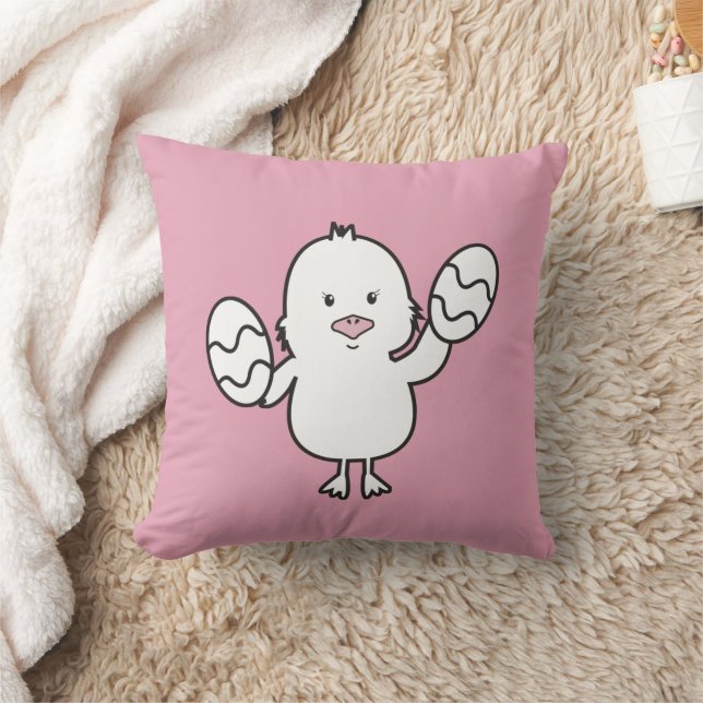 Pastel Pink Cute Easter Chick & Eggs Illustration Throw Pillow (Blanket)