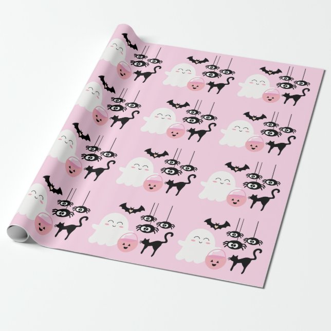 Pastel Pink Cute Ghost and Spiders Halloween Wrapping Paper (Unrolled)