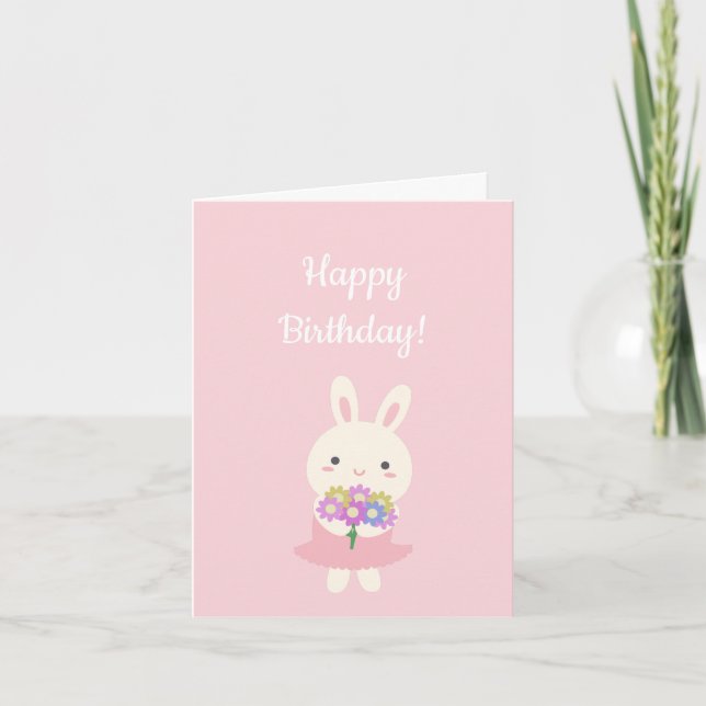 Pastel Pink Cute Kawaii Bunny Kids Happy Birthday Card (Front)
