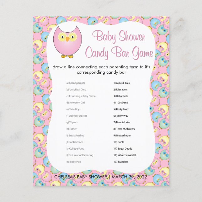 Pastel Pink Cute Owl Baby Shower Theme | Game Flyer (Front)