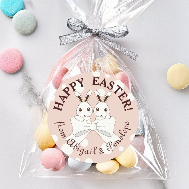 Pastel Pink Cute Twin Bunny Happy Easter Classic Round Sticker (Creator Uploaded)