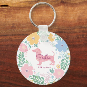 Pastel Pink Dachshund Name & Photo with Wreath Keychain