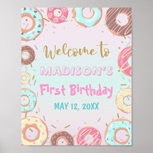Pastel Pink Donut Birthday Grow Up Party Welcome Poster (Front)