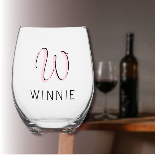 Pastel Pink Elegant Initial Black Name   Modern  Stemless Wine Glass