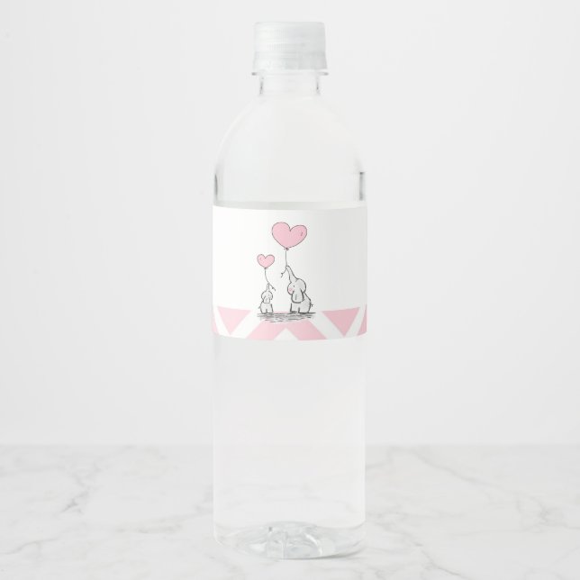 Pastel Pink Elephant Girl Baby Shower Water Bottle Label (Front)