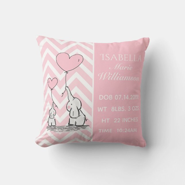 Pastel Pink Elephant Personalized Baby Girl Birth Throw Pillow (Front)