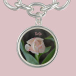 Pastel Pink Fancy Tulip Floral Silver Plated Necklace<br><div class="desc">This single fancy pastel pink tulip framed and wrapped in green leaves is a beautiful floral pendant necklace.  Set against a dark background,  her name can be customized for a truly beautiful and elegant gift to by treasured.

This image is original photography by JLW_PHOTOGRAPHY.</div>