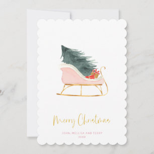 Pastel Pink Farmhouse Plaid Check Christmas Sleigh Holiday Card