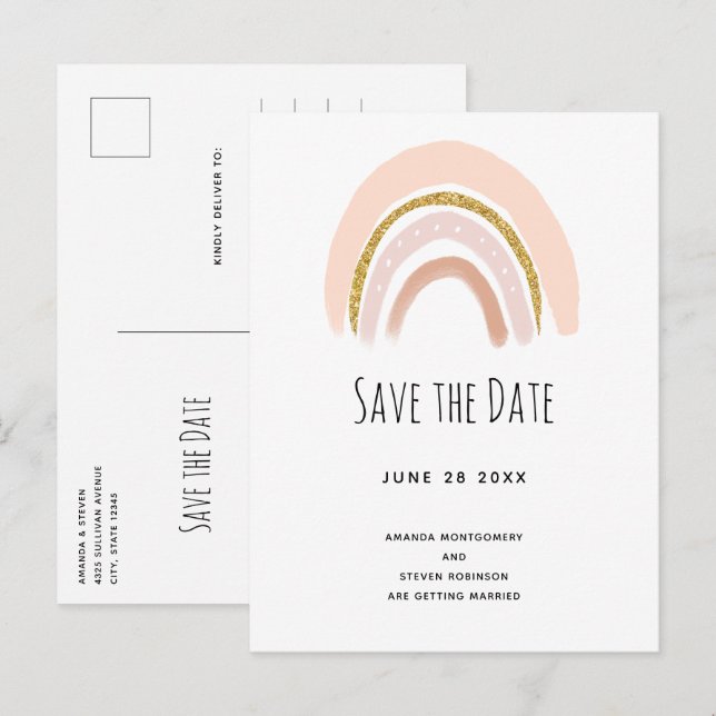 Pastel Pink & Faux Glitter Boho Rain Save the Date Invitation Postcard (Front/Back)