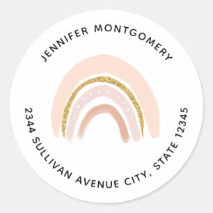 Pastel Pink & Faux Glitter Boho Rainbow Address Classic Round Sticker