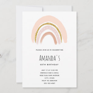 Pastel Pink & Faux Glitter Boho Rainbow Birthday Invitation