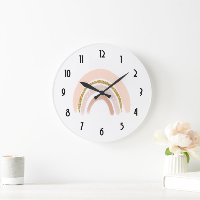 Pastel Pink & Faux Glitter Boho Rainbow Large Clock (Home)