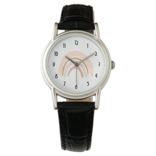 Pastel Pink & Faux Glitter Boho Rainbow Watch (Front)