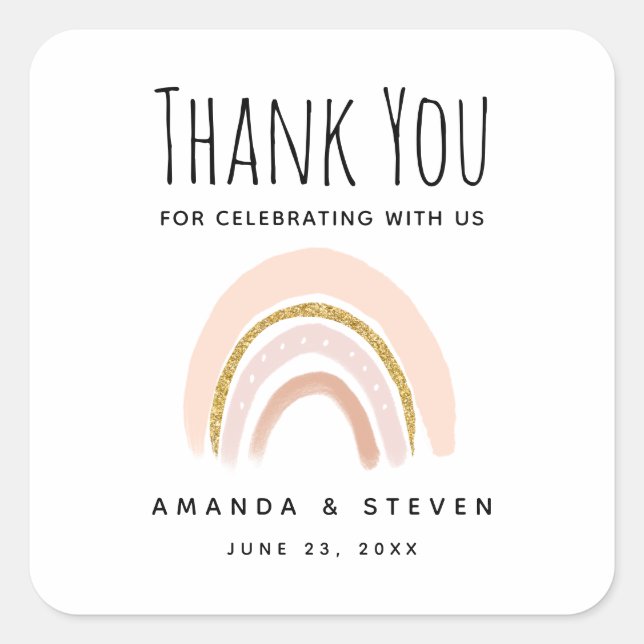 Pastel Pink & Faux Glitter Boho Rainbow Wedding Square Sticker (Front)