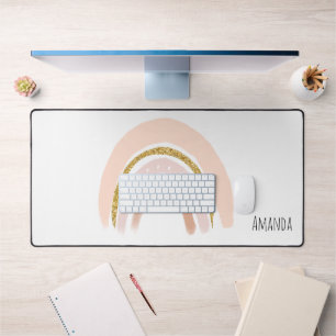 Pastel Pink & Faux Glitter Rainbow Boho Desk Mat