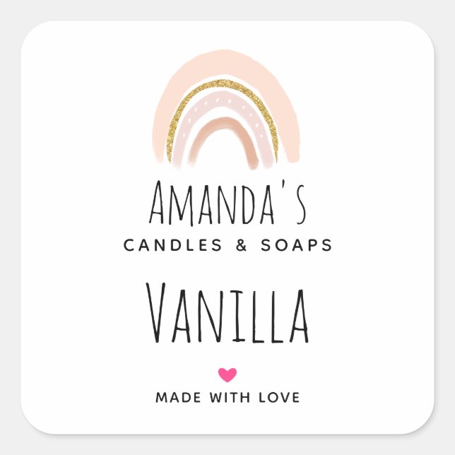 Pastel Pink & Faux Glitter Rainbow Candle Business Square Sticker (Front)