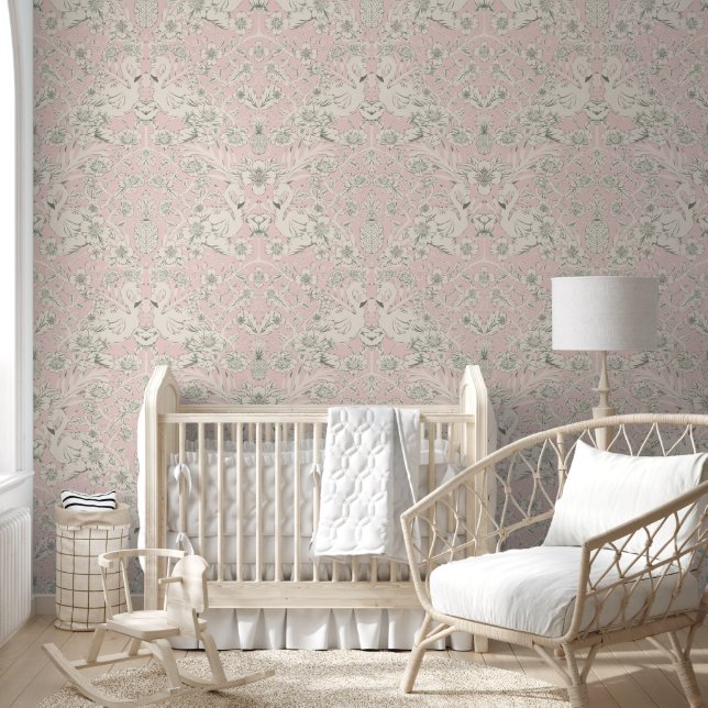 Pastel Pink Flamingo Floral Damask Wallpaper (Kids)