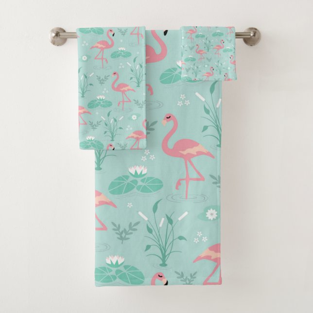 Pastel Pink Flamingos Green Pattern Bath Towel Set (Insitu)