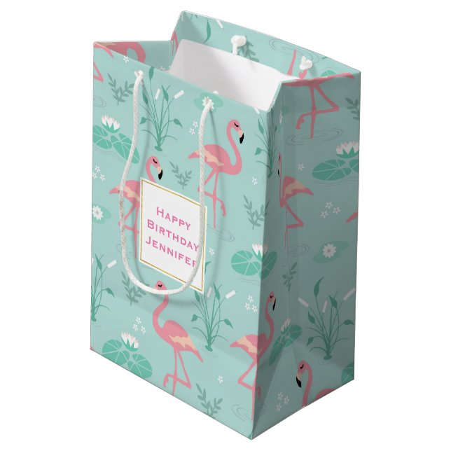 Pastel Pink Flamingos Green Pattern Birthday Medium Gift Bag (Back Angled)