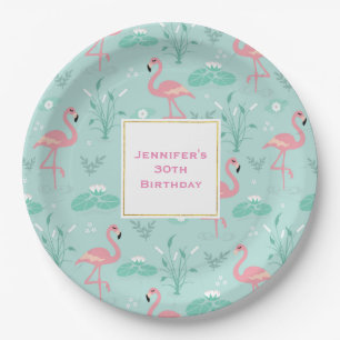Pastel Pink Flamingos Green Pattern Birthday Paper Plate