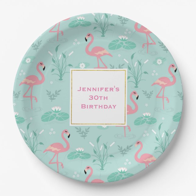Pastel Pink Flamingos Green Pattern Birthday Paper Plate (Front)