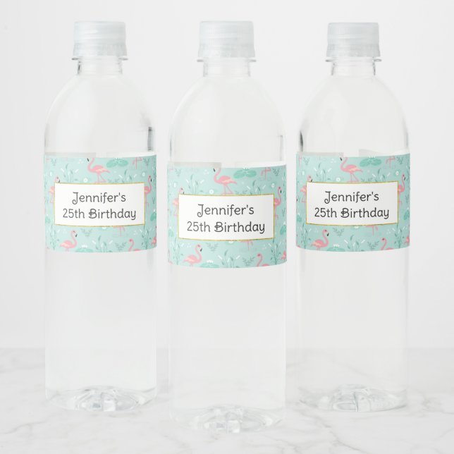 Pastel Pink Flamingos Green Pattern Birthday Water Bottle Label (Bottles)
