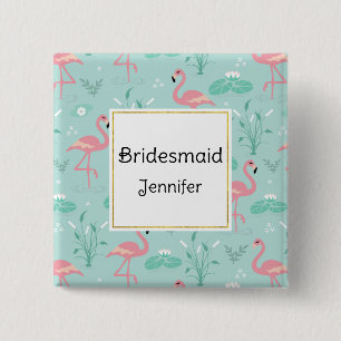 Pastel Pink Flamingos Green Pattern Bridesmaid 2 Inch Square Button