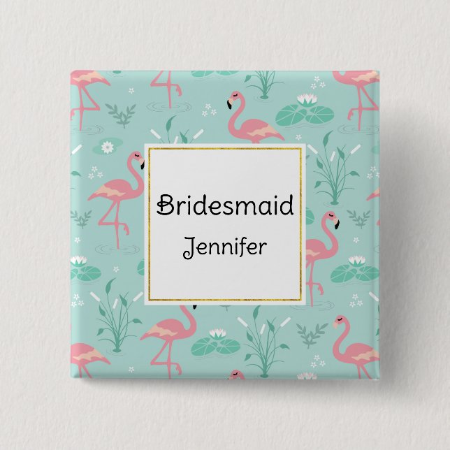 Pastel Pink Flamingos Green Pattern Bridesmaid 2 Inch Square Button (Front)