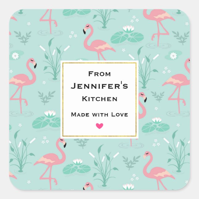 Pastel Pink Flamingos Green Pattern Kitchen Square Sticker (Front)