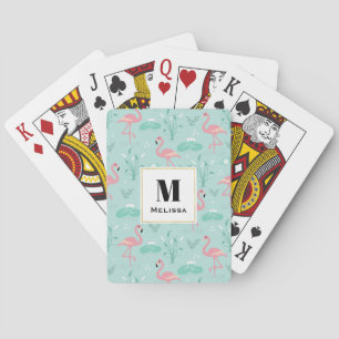 Pastel Pink Flamingos Green Pattern Monogram Playing Cards