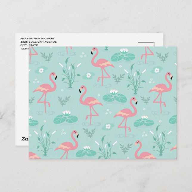 Pastel Pink Flamingos Green Pattern Postcard (Front/Back)