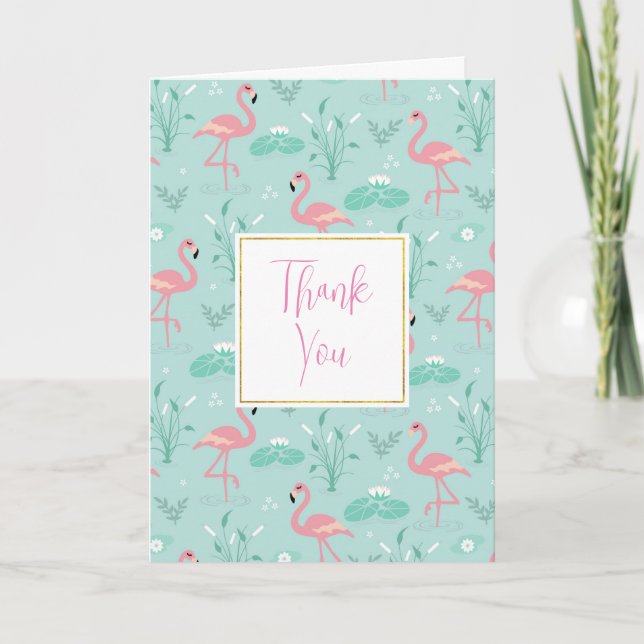 Pastel Pink Flamingos Green Pattern Thank You Card (Front)