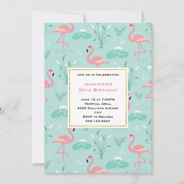 Pastel Pink Flamingos on Green Pattern Birthday Invitation (Front)