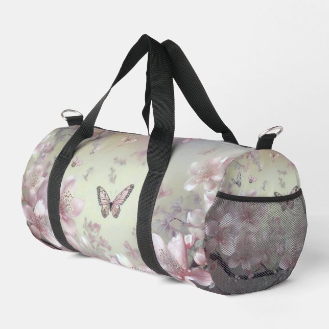 Pastel pink floral and butterfly pattern duffle bag (Right Corner)