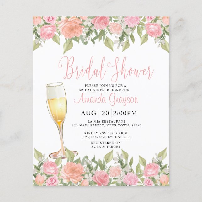 Pastel Pink Floral and Gold Wedding Bridal Shower  (Front)