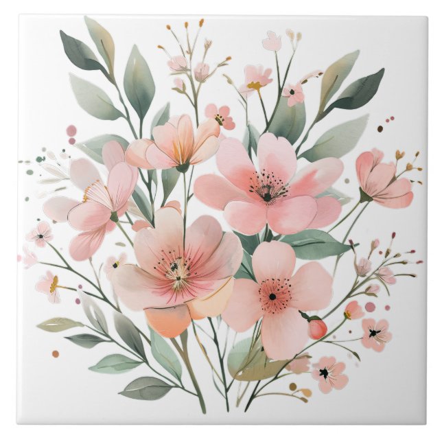 Pastel Pink Floral Ceramic Tile (Front)