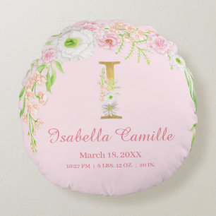 Pastel Pink Floral Monogram Baby Stats Round Pillow