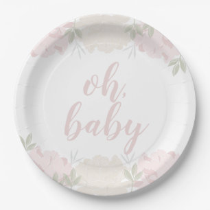 Pastel Pink Floral Peonies Oh Baby Baby Shower Paper Plate