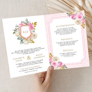 Pastel Pink Floral Roses All in One Crest Wedding Invitation