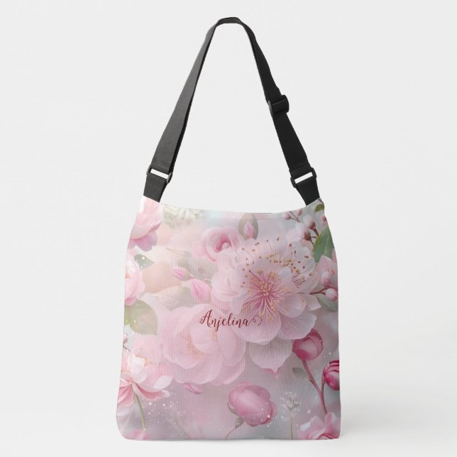 Pastel Pink Floral Soft Elegant Pattern Personaliz Crossbody Bag (Front)