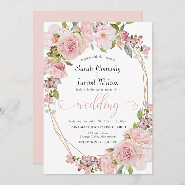 Pastel Pink Floral Wedding Invitation (Front/Back)