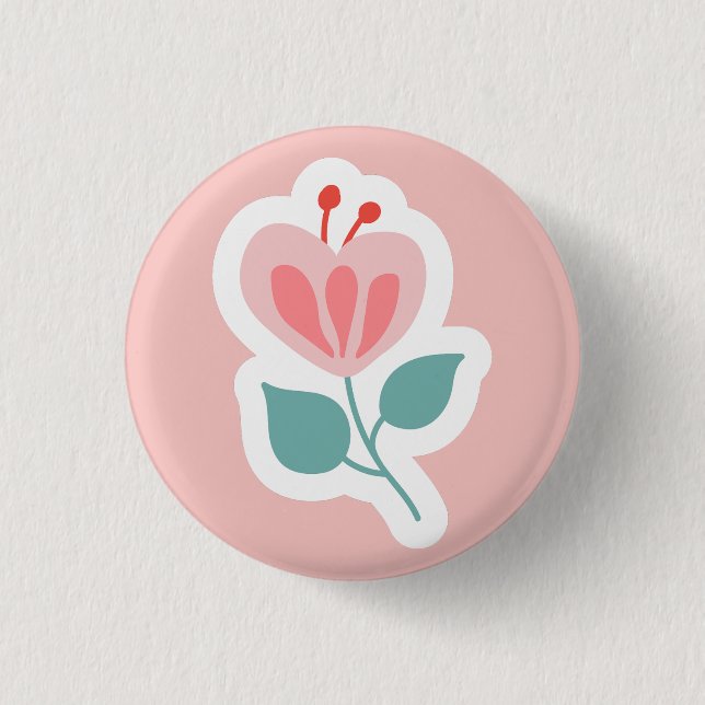 Pastel pink flower petal with stem 1 inch round button (Front)