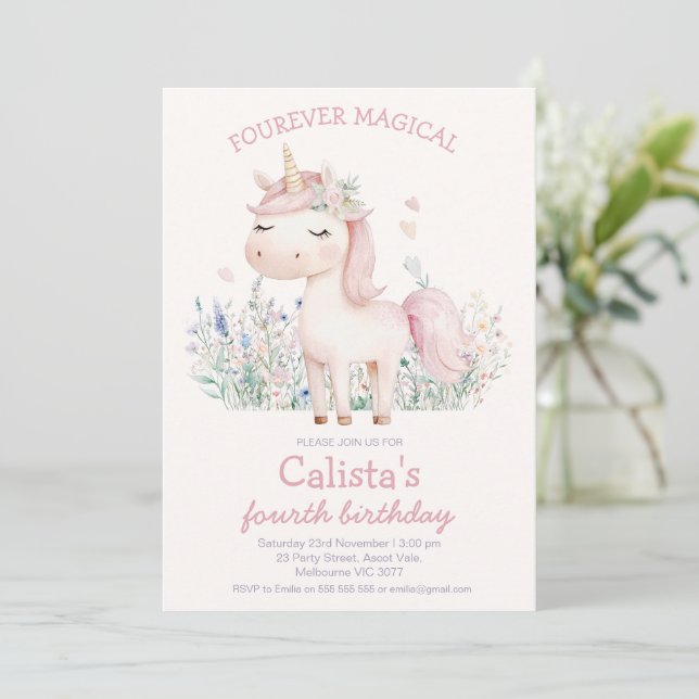 Pastel Pink Fourever Magical Unicorn Birthday Invitation (Standing Front)