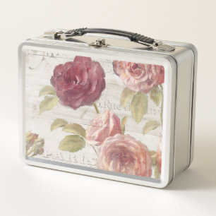 Pastel Pink French Roses Metal Lunch Box