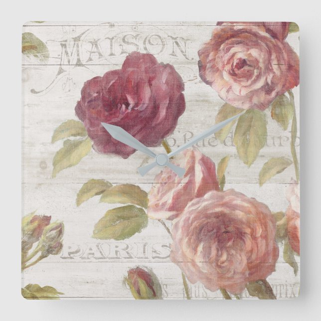 Pastel Pink French Roses Square Wall Clock (Front)