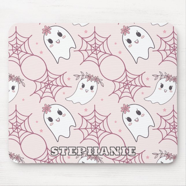 Pastel Pink Ghost Halloween Kawaii Pattern Mouse Pad (Front)